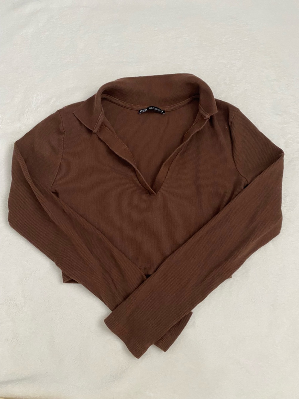 Zara Brown Ribbed Long-Sleeve Polo Top